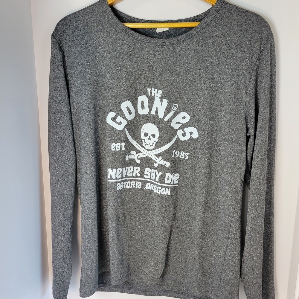 The Goonies Never Say Die Astoria Oregon Gray Long Sleeve Graphic Tee Large